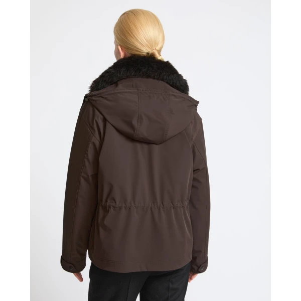 Yves Salomon Short Hooded Waterproof Parka with Lambskin Shearling in Dark Brown | Jackets | Coveti