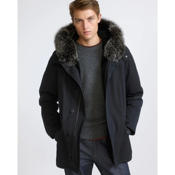 Yves Salomon Short Iconic Waterproof Cotton Parka with Fox and Rabbit Fur in Black | Men's Jackets | Coveti