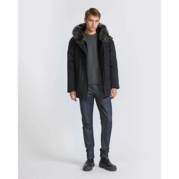 Yves Salomon Short Iconic Waterproof Cotton Parka with Fox and Rabbit Fur in Black | Men's Jackets | Coveti