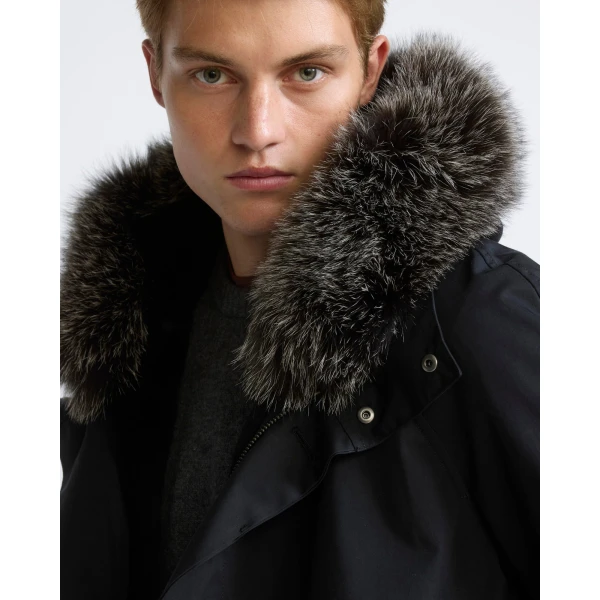 Yves Salomon Short Iconic Waterproof Cotton Parka with Fox and Rabbit Fur in Black | Men's Jackets | Coveti