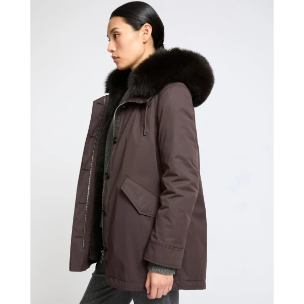 Yves Salomon Short Iconic Waterproof Cotton Parka with Fox and Rabbit Fur in Brown | Jackets | Coveti