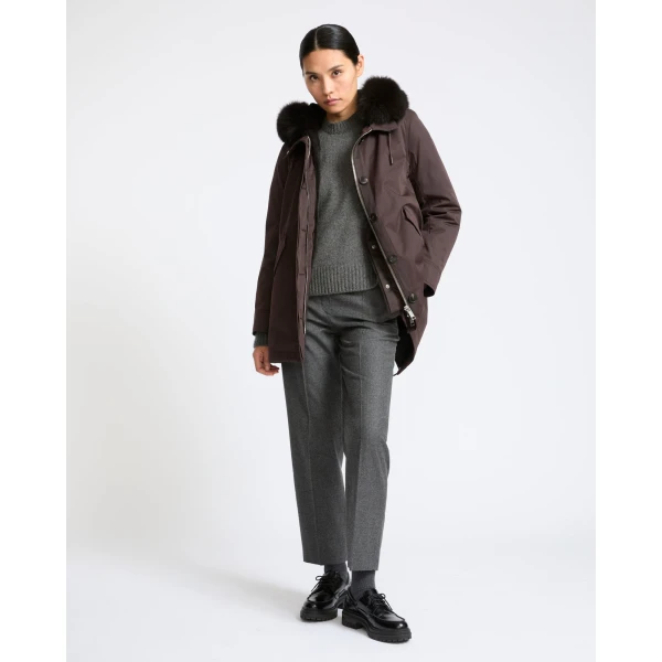 Yves Salomon Short Iconic Waterproof Cotton Parka with Fox and Rabbit Fur in Brown | Jackets | Coveti