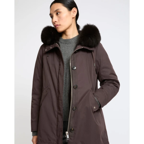 Yves Salomon Short Iconic Waterproof Cotton Parka with Fox and Rabbit Fur in Brown | Jackets | Coveti