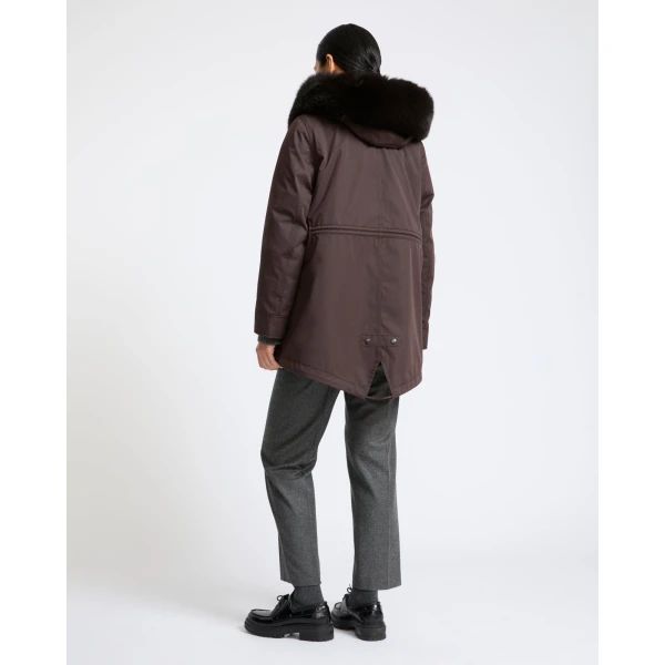 Yves Salomon Short Iconic Waterproof Cotton Parka with Fox and Rabbit Fur in Brown | Jackets | Coveti