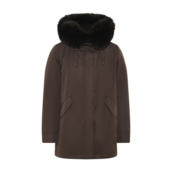 Yves Salomon Short Iconic Waterproof Cotton Parka with Fox and Rabbit Fur in Brown | Women | Coveti