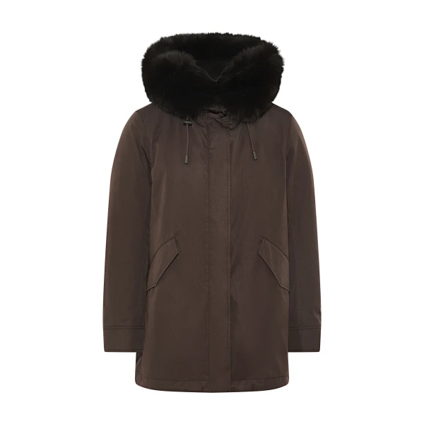 Yves Salomon Short Iconic Waterproof Cotton Parka with Fox and Rabbit Fur in Brown | Women | Coveti
