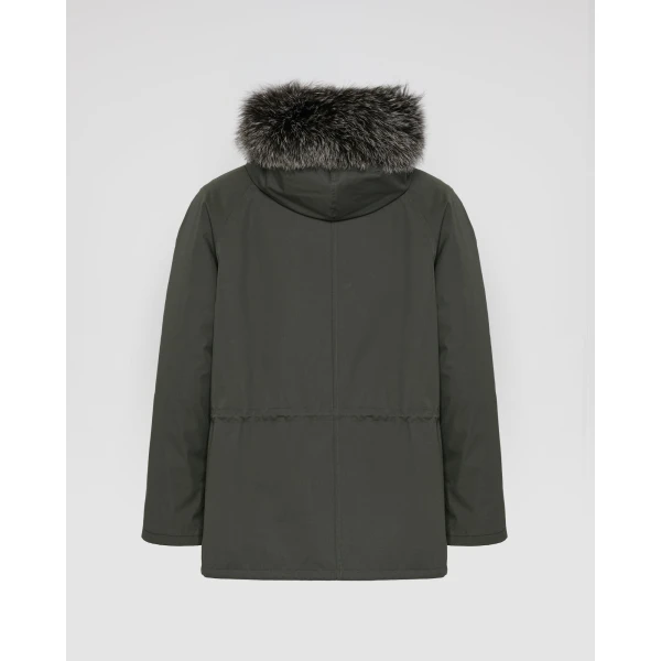 Yves Salomon Short Iconic Waterproof Cotton Parka with Fox and Rabbit Fur in Grey Green | Men's Jackets | Coveti