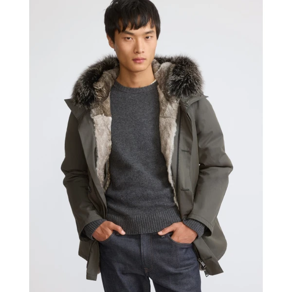 Yves Salomon Short Iconic Waterproof Cotton Parka with Fox and Rabbit Fur in Grey Green | Men's Jackets | Coveti