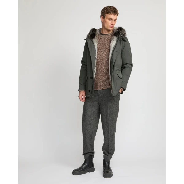 Yves Salomon Short Iconic Waterproof Cotton Parka with Fox and Rabbit Fur in Grey Green | Men's Jackets | Coveti