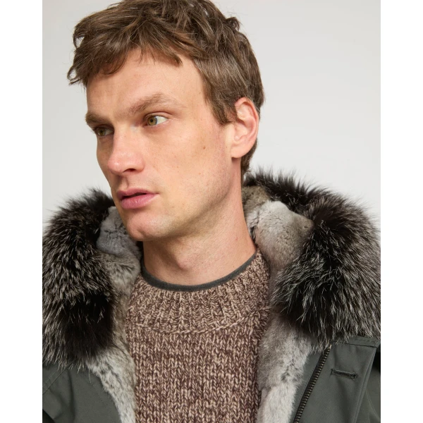 Yves Salomon Short Iconic Waterproof Cotton Parka with Fox and Rabbit Fur in Grey Green | Men's Jackets | Coveti
