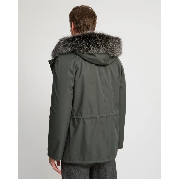 Yves Salomon Short Iconic Waterproof Cotton Parka with Fox and Rabbit Fur in Grey Green | Men's Jackets | Coveti