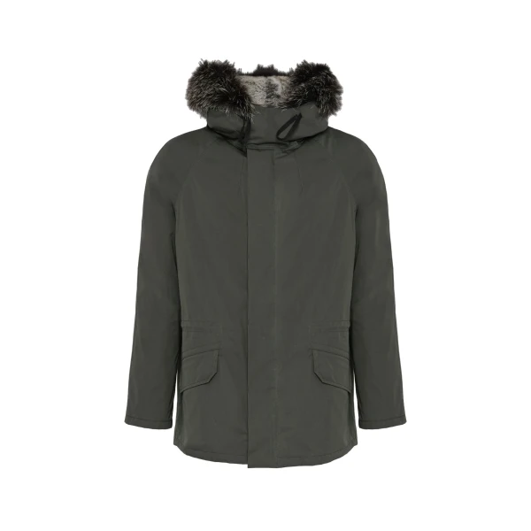 Short Iconic Waterproof Cotton Parka with Fox and Rabbit Fur in Grey Green