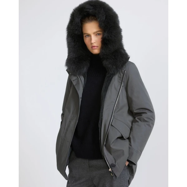 Yves Salomon Short Iconic Waterproof Cotton Parka with Fox and Rabbit Fur in Grey | Jackets | Coveti