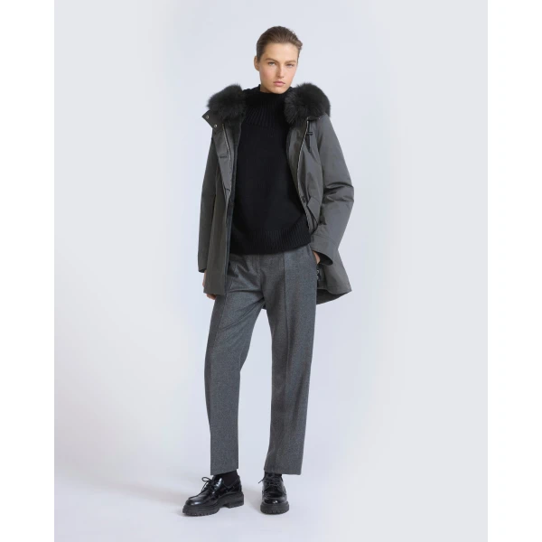 Yves Salomon Short Iconic Waterproof Cotton Parka with Fox and Rabbit Fur in Grey | Jackets | Coveti