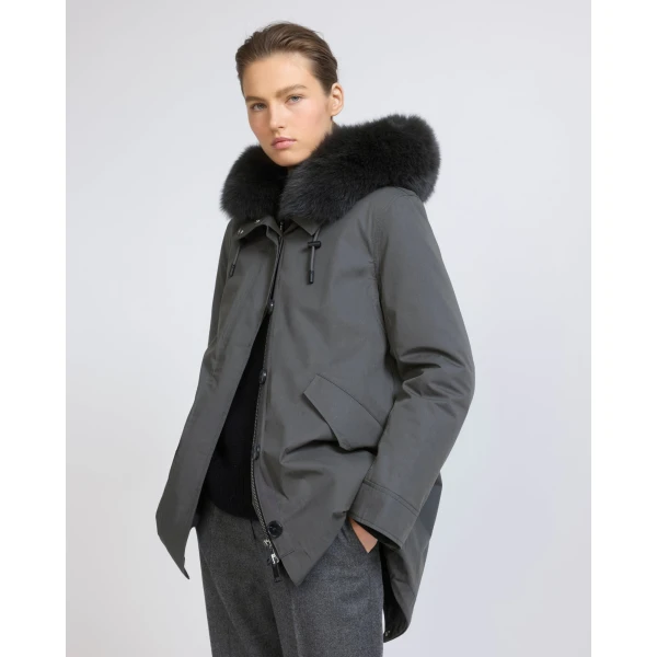 Yves Salomon Short Iconic Waterproof Cotton Parka with Fox and Rabbit Fur in Grey | Jackets | Coveti