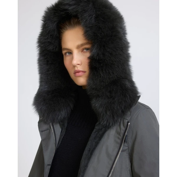 Yves Salomon Short Iconic Waterproof Cotton Parka with Fox and Rabbit Fur in Grey | Jackets | Coveti