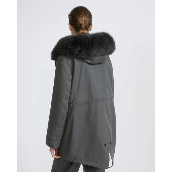 Yves Salomon Short Iconic Waterproof Cotton Parka with Fox and Rabbit Fur in Grey | Jackets | Coveti