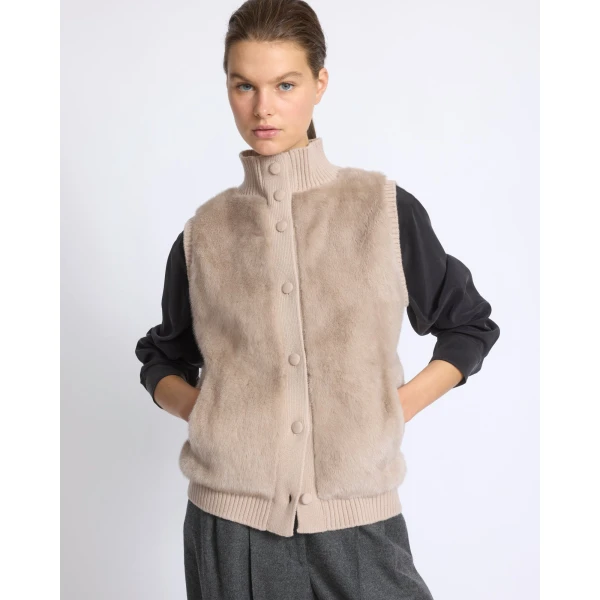 Yves Salomon Short Knitted Merino and Mink Gilet in Beige | Vests | Coveti