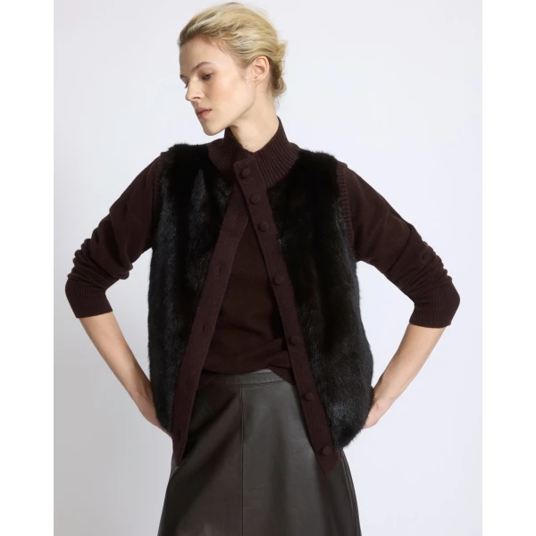 Yves Salomon Short Knitted Merino and Mink Gilet in Brown | Vests | Coveti