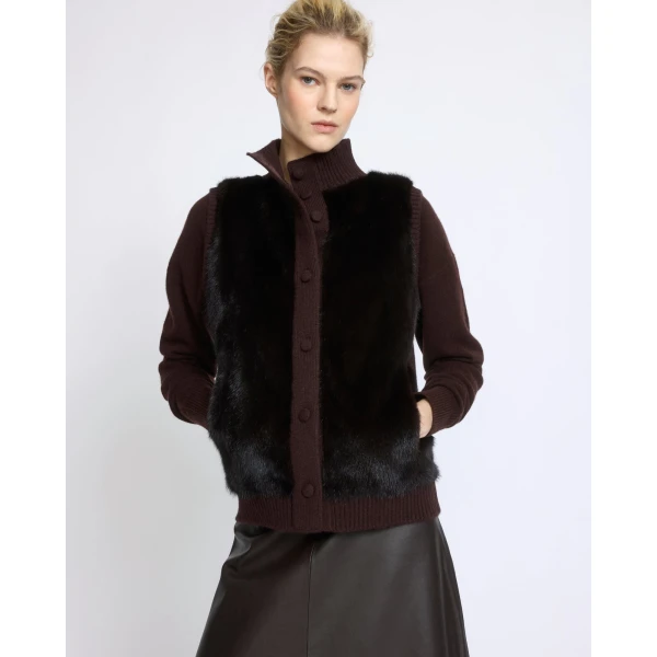Yves Salomon Short Knitted Merino and Mink Gilet in Brown | Vests | Coveti