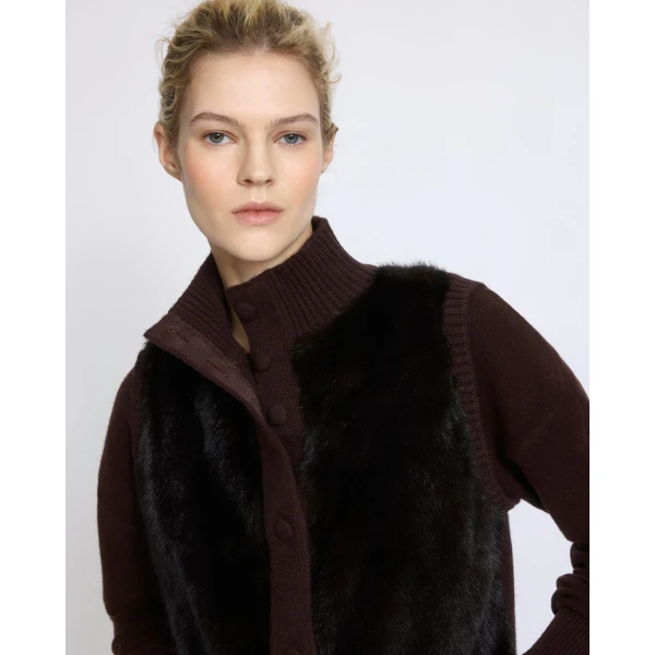Yves Salomon Short Knitted Merino and Mink Gilet in Brown | Vests | Coveti