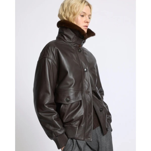 Yves Salomon Short Lambskin Leather Jacket with Detachable Mink Fur Collar in Brown | Leather Jackets | Coveti