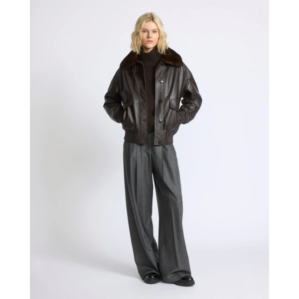 Yves Salomon Short Lambskin Leather Jacket with Detachable Mink Fur Collar in Brown | Leather Jackets | Coveti