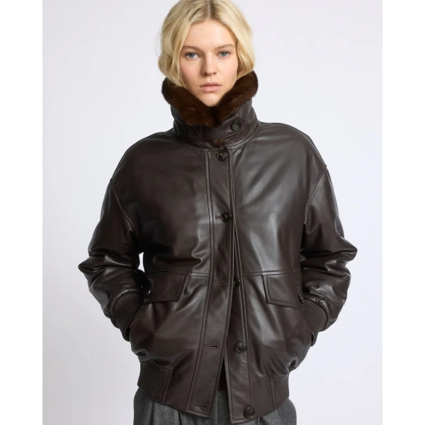 Yves Salomon Short Lambskin Leather Jacket with Detachable Mink Fur Collar in Brown | Leather Jackets | Coveti