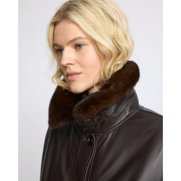Yves Salomon Short Lambskin Leather Jacket with Detachable Mink Fur Collar in Brown | Leather Jackets | Coveti