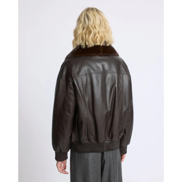 Yves Salomon Short Lambskin Leather Jacket with Detachable Mink Fur Collar in Brown | Leather Jackets | Coveti