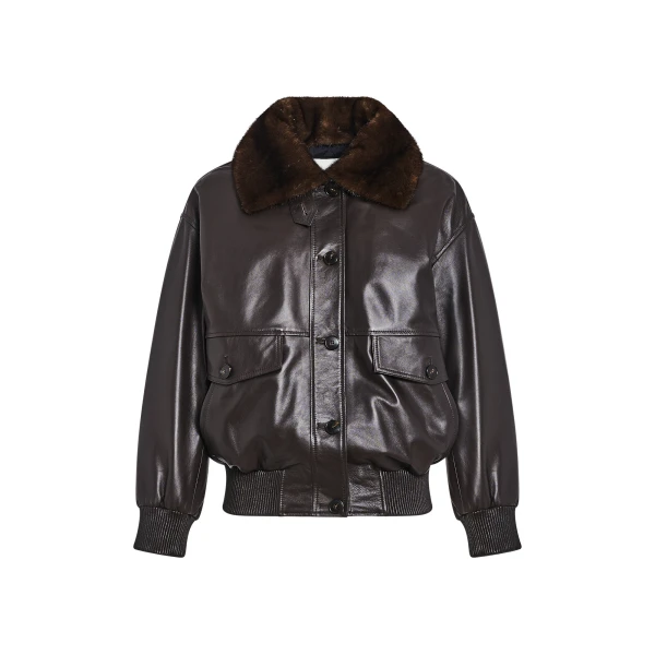 Yves Salomon Short Lambskin Leather Jacket with Detachable Mink Fur Collar in Brown | Leather Jackets | Coveti