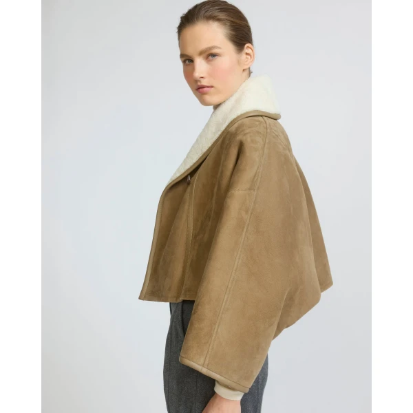 Yves Salomon Short Lambskin Shearling Cape in Camel | Shearling Coat | Coveti