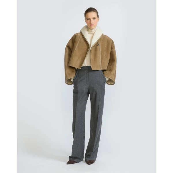 Yves Salomon Short Lambskin Shearling Cape in Camel | Shearling Coat | Coveti