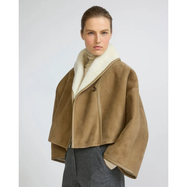 Yves Salomon Short Lambskin Shearling Cape in Camel | Shearling Coat | Coveti