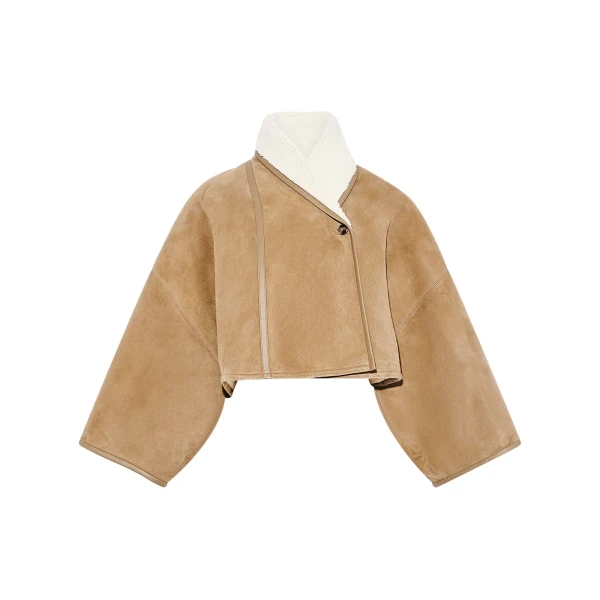 Short Lambskin Shearling Cape in Camel