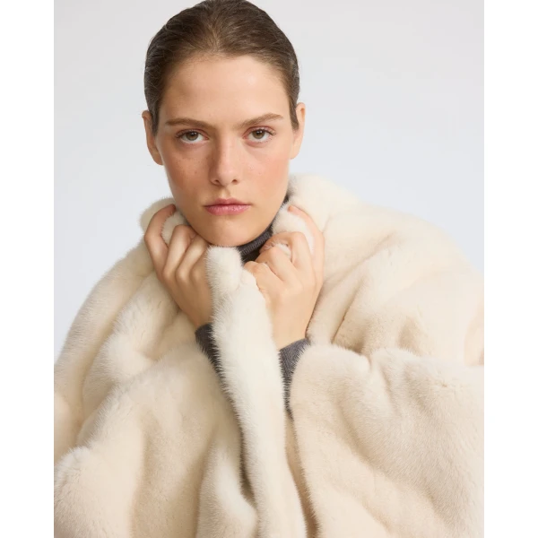 Yves Salomon Short Long-Haired Mink Cape in White | Mink Coats | Coveti