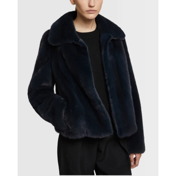 Yves Salomon Short Long-Haired Mink Fur Jacket in Blue | Mink Jacket | Coveti