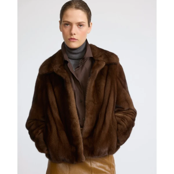 Yves Salomon Short Long-Haired Mink Fur Jacket in Brown | Mink Jacket | Coveti