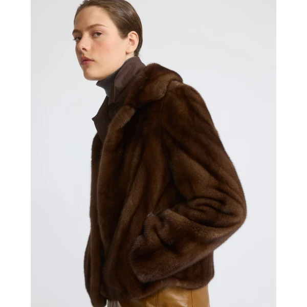 Yves Salomon Short Long-Haired Mink Fur Jacket in Brown | Mink Jacket | Coveti