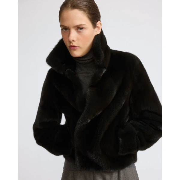 Yves Salomon Short Long-Haired Mink Fur Jacket in Green | Mink Jacket | Coveti