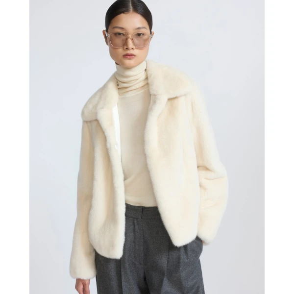 Yves Salomon Short Long-Haired Mink Fur Jacket in White | Mink Jacket | Coveti