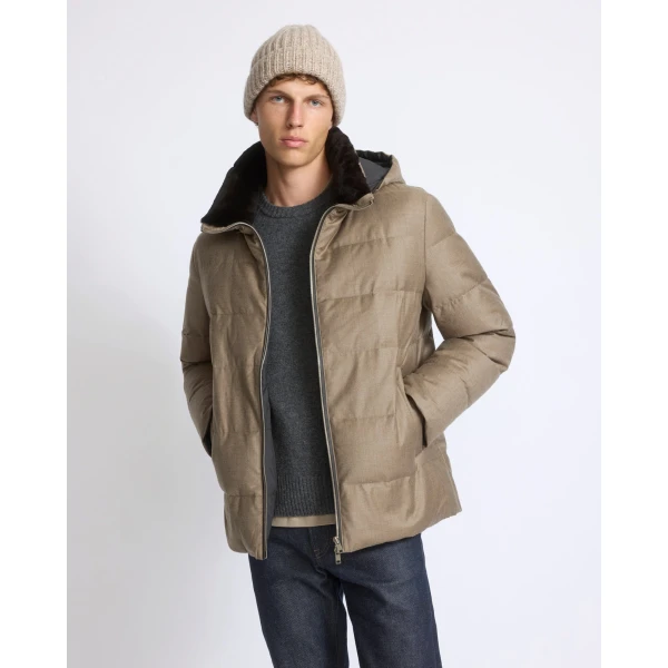 Yves Salomon Short Loro Piana Flannel Down Jacket with Mink Collar in Beige | Men's Jackets | Coveti