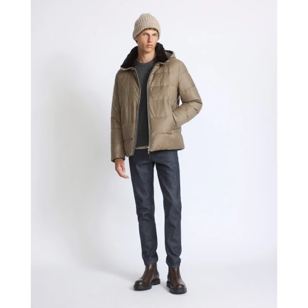 Yves Salomon Short Loro Piana Flannel Down Jacket with Mink Collar in Beige | Men's Jackets | Coveti