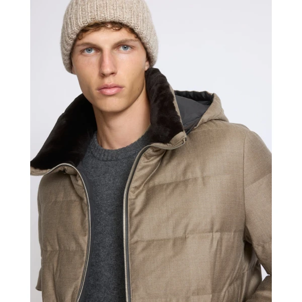Yves Salomon Short Loro Piana Flannel Down Jacket with Mink Collar in Beige | Men's Jackets | Coveti