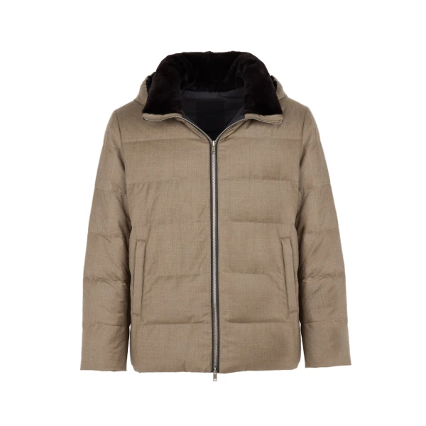 Yves Salomon Short Loro Piana Flannel Down Jacket with Mink Collar in Beige | Men Jackets | Coveti