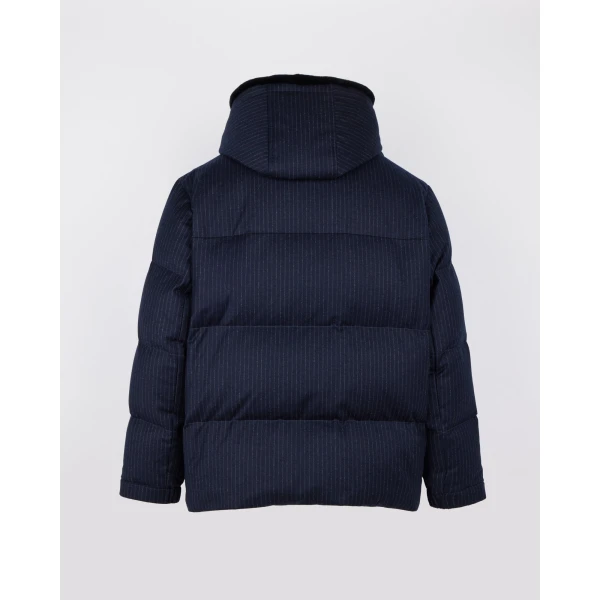 Yves Salomon Short Loro Piana Jacquard Down Jacket with Removable Mink Bib in Navy Stripe | Men's Jackets | Coveti