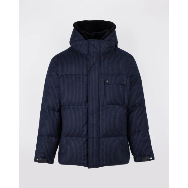 Yves Salomon Short Loro Piana Jacquard Down Jacket with Removable Mink Bib in Navy Stripe | Men's Jackets | Coveti