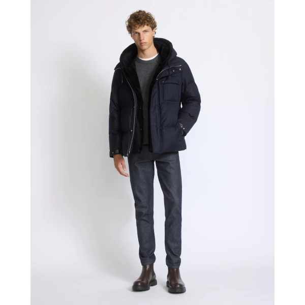 Yves Salomon Short Loro Piana Jacquard Down Jacket with Removable Mink Bib in Navy Stripe | Men's Jackets | Coveti