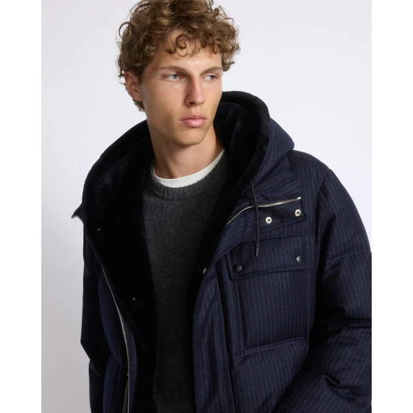 Yves Salomon Short Loro Piana Jacquard Down Jacket with Removable Mink Bib in Navy Stripe | Men's Jackets | Coveti