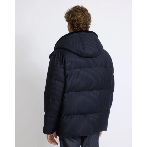Yves Salomon Short Loro Piana Jacquard Down Jacket with Removable Mink Bib in Navy Stripe | Men's Jackets | Coveti